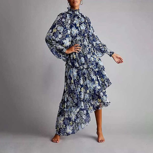 luxury evening dress printed chiffon medium length skirt 2021 autumn small stand collar lantern sleeve elastic waist closing irregular hem, Black;gray 
luxury evening dress printed chiffon medium length skirt 2021 autumn small stand collar lantern sleeve elastic waist closing irregular hem, Black;gray