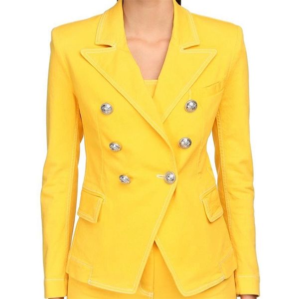 high street est designer blazer jacket women's lion buttons double breasted stitching contrast yellow denim 210521, White;black
high street est designer blazer jacket women's lion buttons double breasted stitching contrast yellow denim 210521, White;black