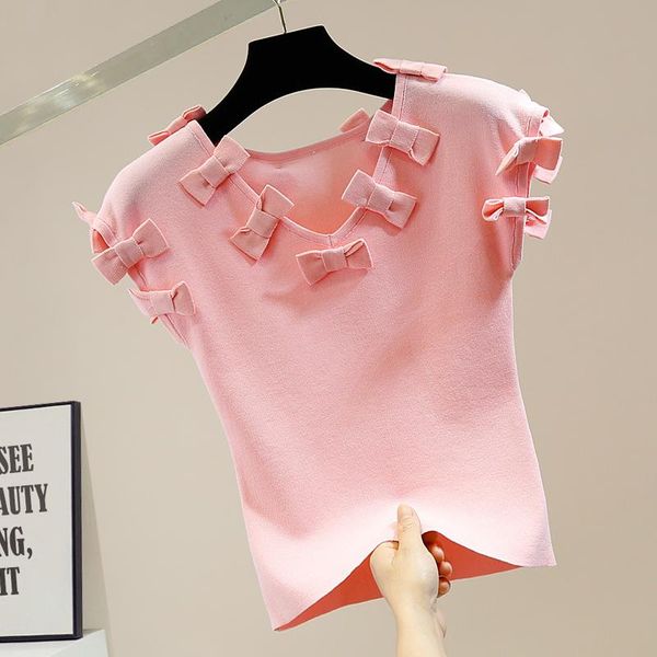 women's t-shirt 2021 summer elegant t-shirts lady bowknot knitted shirt slim short-sleeved shirts sweet knit tee, White
women's t-shirt 2021 summer elegant t-shirts lady bowknot knitted shirt slim short-sleeved shirts sweet knit tee, White