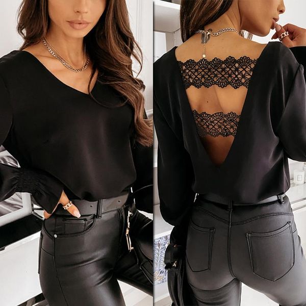 women's blouses & shirts 2021 summer chiffon blouse ladies long white black lace ruffle backless hollow fashion v-neck 
women's blouses & shirts 2021 summer chiffon blouse ladies long white black lace ruffle backless hollow fashion v-neck
