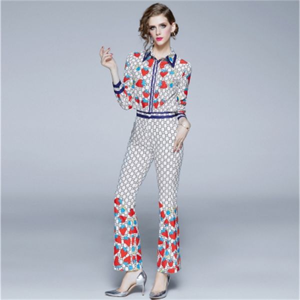 spring autumn strawberry print long sleeve turn down collar blouse + pant suit 2 piece pants sets 210531, White