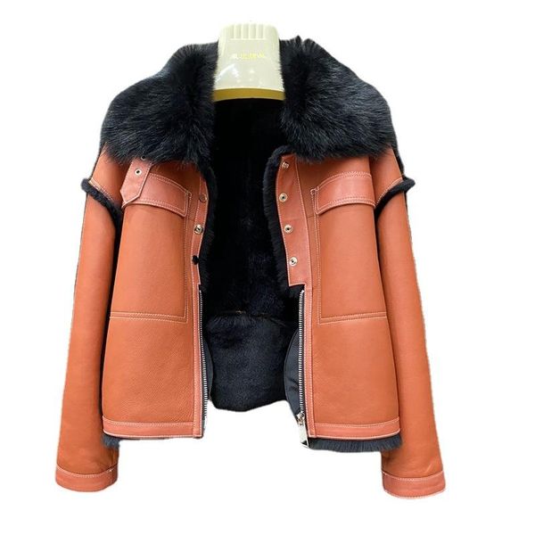 women's leather & faux luxury real fur coat genuine jacket autumn winter warm collar double-faced sheepskin women, Black
women's leather & faux luxury real fur coat genuine jacket autumn winter warm collar double-faced sheepskin women, Black