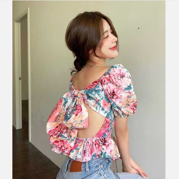 women's blouses & shirts chiffon shirt female design puff sleeve french floral short-sleeved summer open back bow blouse, White 
women's blouses & shirts chiffon shirt female design puff sleeve french floral short-sleeved summer open back bow blouse, White