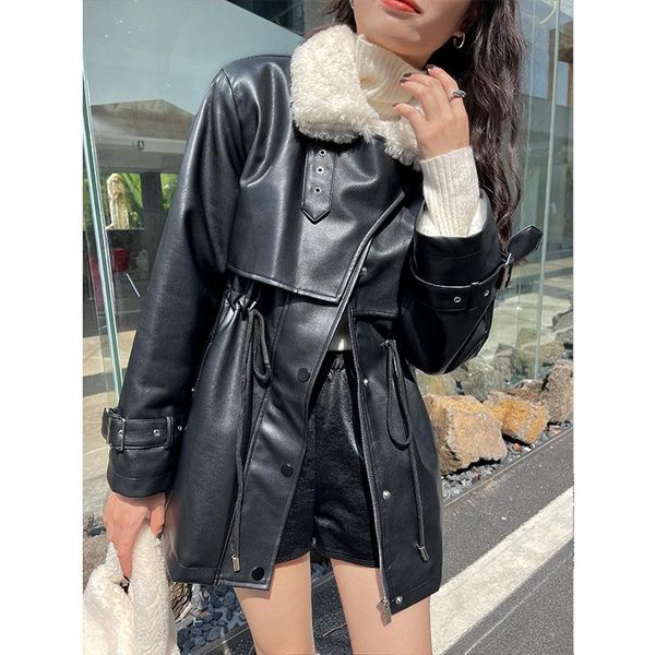 women's leather & faux thirteen line fur one short lamb coat autumn and winter thickened cashmere plush 3173, Black
women's leather & faux thirteen line fur one short lamb coat autumn and winter thickened cashmere plush 3173, Black