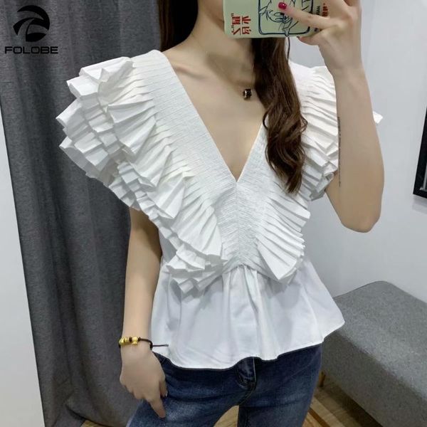 women's blouses & shirts folobe 2021 fashion women v-neck short sleeve ruffles buttons summer female blusas mujer de moda, White
women's blouses & shirts folobe 2021 fashion women v-neck short sleeve ruffles buttons summer female blusas mujer de moda, White