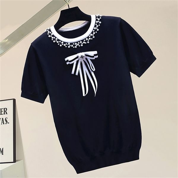 women's knits & tees korean fashion beading pearl diamond bow pullovers women straight o-neck patchwork short sleeve thin sum, White
women's knits & tees korean fashion beading pearl diamond bow pullovers women straight o-neck patchwork short sleeve thin sum, White