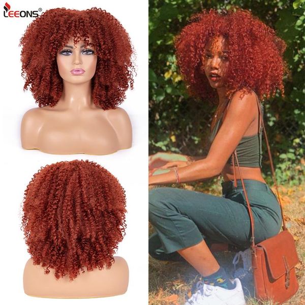 

synthetic wigs leeons soft fluffy curly big bang short afro kinky hair with bangs mixed brown blonde glueless wig heat resistant, Black