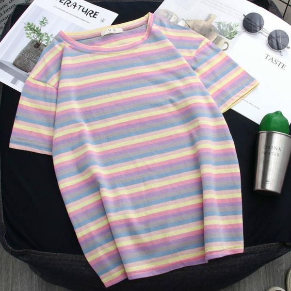 women's t-shirt womens t-shirts summer striped rainbow o-neck short sleeve loose oversize casual korean tees sweet students, White
women's t-shirt womens t-shirts summer striped rainbow o-neck short sleeve loose oversize casual korean tees sweet students, White