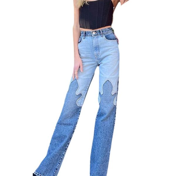 women fashion jeans, color block flame pattern patchwork pants vintage denim trousers women's jeans, Blue
women fashion jeans, color block flame pattern patchwork pants vintage denim trousers women's jeans, Blue