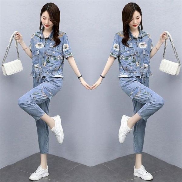 women's two piece pants casual suit 2021 summer cowboy female short sleeve and denim two-piece plus size 2 set, White
women's two piece pants casual suit 2021 summer cowboy female short sleeve and denim two-piece plus size 2 set, White