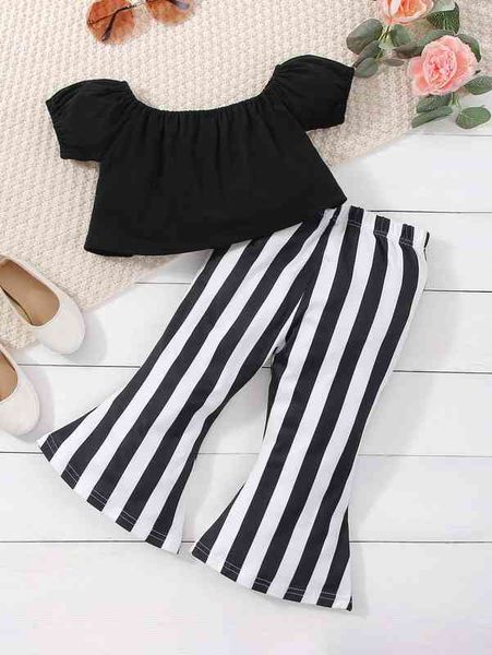 baby puff sleeve & striped flare leg pants she, White