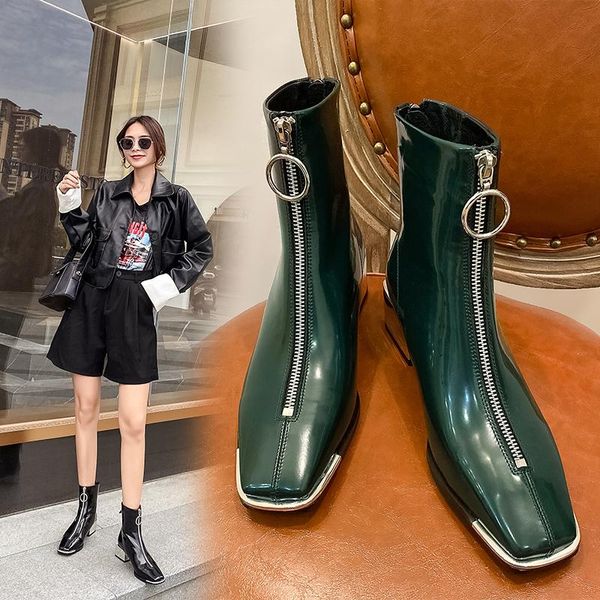 boots patent leather women metal decoration zip ankle square toe thick heel shoes zapatos de mujer street style, Black
boots patent leather women metal decoration zip ankle square toe thick heel shoes zapatos de mujer street style, Black
