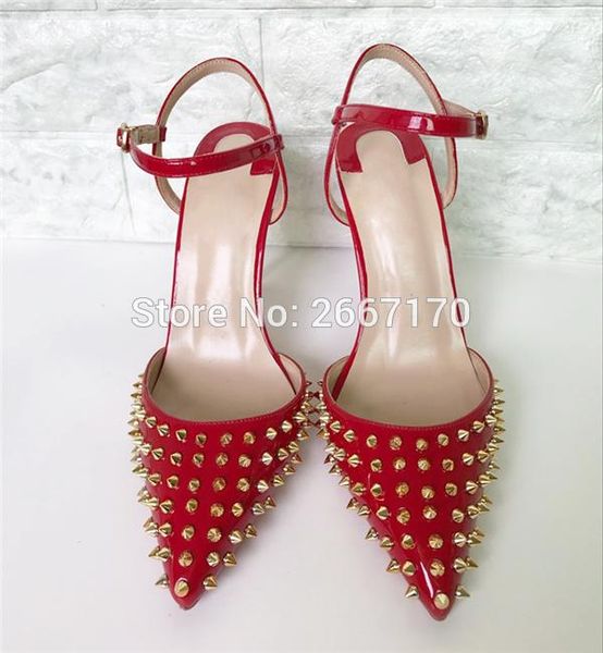 patent leather red high heels ladies stiletto pumps summer shoes buckle strap pointy toe golden rivet studded sandals women, Black
patent leather red high heels ladies stiletto pumps summer shoes buckle strap pointy toe golden rivet studded sandals women, Black