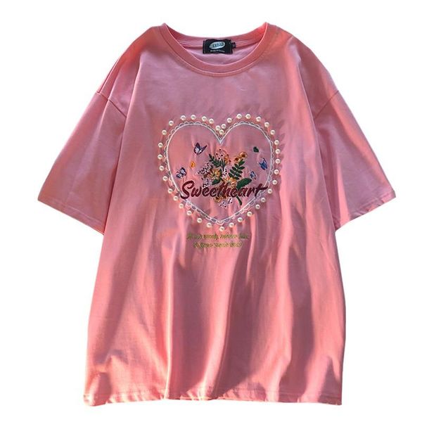 women's t-shirt fashion loose short sleeve summer t shirt beaded embroidery letter love heart flowers butterfly tees female, White
women's t-shirt fashion loose short sleeve summer t shirt beaded embroidery letter love heart flowers butterfly tees female, White