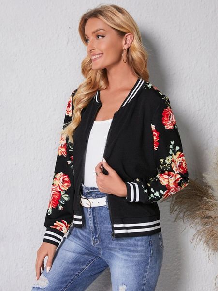 emery rose floral and striped print bomber jacket f4sc#, Black;brown 
emery rose floral and striped print bomber jacket f4sc#, Black;brown