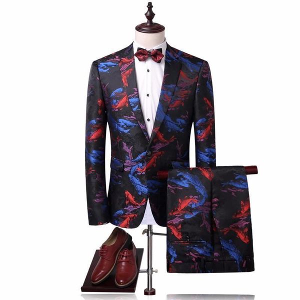 men's suits & blazers casual suit stylish printed men slim fit koi fish pattern chinese style stage wear vintage mens (blazer+pants), White;black
men's suits & blazers casual suit stylish printed men slim fit koi fish pattern chinese style stage wear vintage mens (blazer+pants), White;black