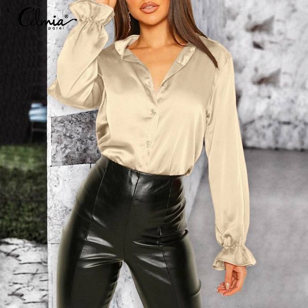 blouses celmia spring satin lapel shirts women's office lady glossy silk blouses elegant long flare sleeve blusas fashion plus size, White
blouses celmia spring satin lapel shirts women's office lady glossy silk blouses elegant long flare sleeve blusas fashion plus size, White