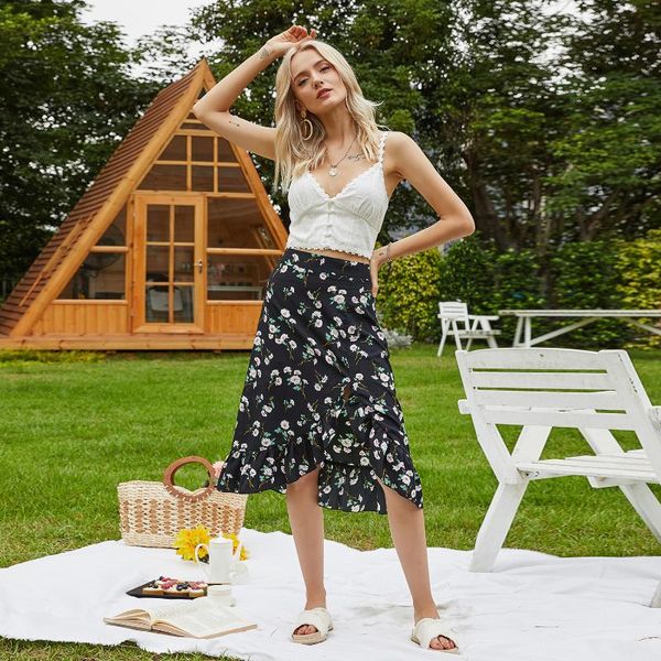 fashion women floral print wrap skirts summer mid-calf high-waisted a-line ruffles women's bottom with side split, Black
fashion women floral print wrap skirts summer mid-calf high-waisted a-line ruffles women's bottom with side split, Black