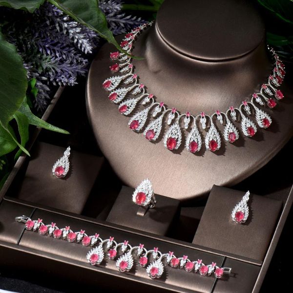earrings & necklace hibride fashion 4pcs women bridal wedding jewelry set red color zirconia water drop and earring n-997, Silver
earrings & necklace hibride fashion 4pcs women bridal wedding jewelry set red color zirconia water drop and earring n-997, Silver