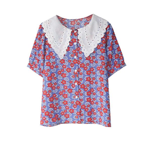 women's t-shirt spring and summer shirt retro sweet floral baby collar bubble sleeve short, White
women's t-shirt spring and summer shirt retro sweet floral baby collar bubble sleeve short, White