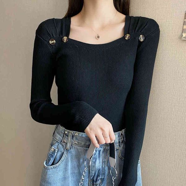 women's sweaters casual long sleeve autumn knitted sweater women pullover square collar korean style winter slim buttons pull knit, White;black 
women's sweaters casual long sleeve autumn knitted sweater women pullover square collar korean style winter slim buttons pull knit, White;black
