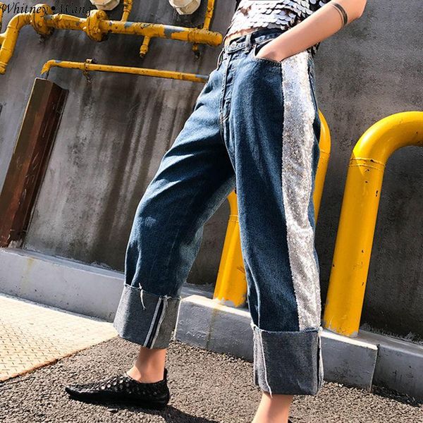 2021 summer fashion streetwear sequins side patchwork jeans women stylish denim pants women's, Blue
2021 summer fashion streetwear sequins side patchwork jeans women stylish denim pants women's, Blue