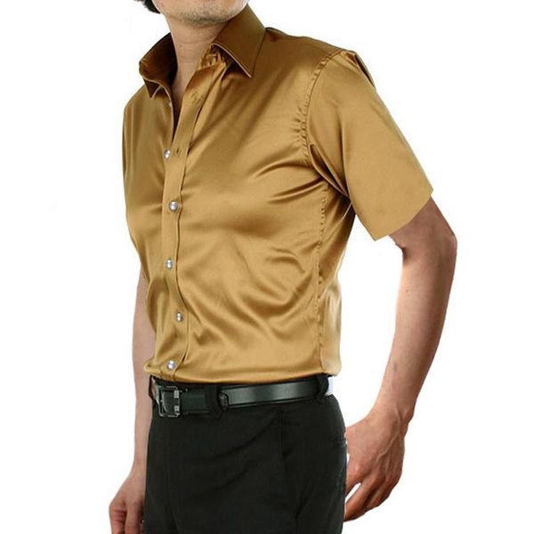shiny gold silk satin shirt for men chemise homme 2021 slim fit short sleeve tuxedo club party disco male social men's casual shirts, White;black
shiny gold silk satin shirt for men chemise homme 2021 slim fit short sleeve tuxedo club party disco male social men's casual shirts, White;black