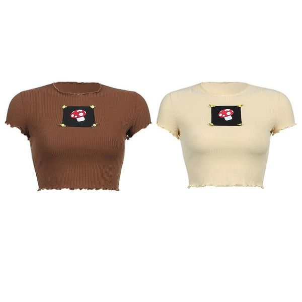 women's t-shirt women short sleeve o-neck crop mushroom embroidery t shirt harajuku ruffles lettuce trim ribbed knit slim tees, White
women's t-shirt women short sleeve o-neck crop mushroom embroidery t shirt harajuku ruffles lettuce trim ribbed knit slim tees, White