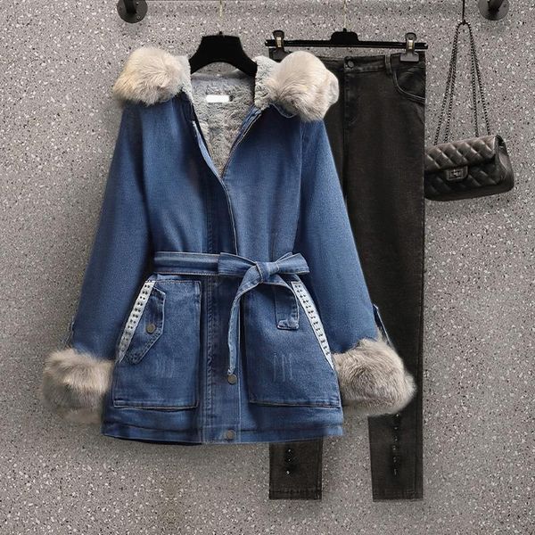 women's two piece pants winter women warm suit plus velvet thick denim jacket and slim jeans matching outfit size set female clothes, White
women's two piece pants winter women warm suit plus velvet thick denim jacket and slim jeans matching outfit size set female clothes, White