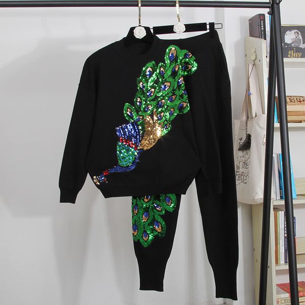 pant knitted tracksuit set women handwork peacock sequins sweater long pants 2pc female loose casual black knitting two piece outfits, White
pant knitted tracksuit set women handwork peacock sequins sweater long pants 2pc female loose casual black knitting two piece outfits, White