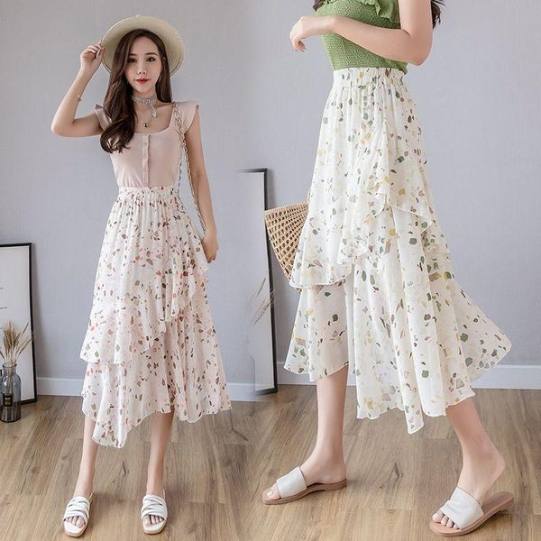 skirts 2021 summer women stretch slim irregular print floral long skirt female layered a-line ruffled faldas maxi z22, Black