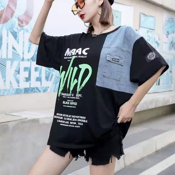 women's t-shirt women high street denim spliced plus size loose summer tees letter printed thin pullvoers, White
women's t-shirt women high street denim spliced plus size loose summer tees letter printed thin pullvoers, White