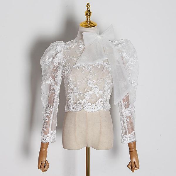 women's blouses & shirts lace embroidery perspective shirt for women stand collar puff long sleeve slim female fashion clothing tide, White
women's blouses & shirts lace embroidery perspective shirt for women stand collar puff long sleeve slim female fashion clothing tide, White