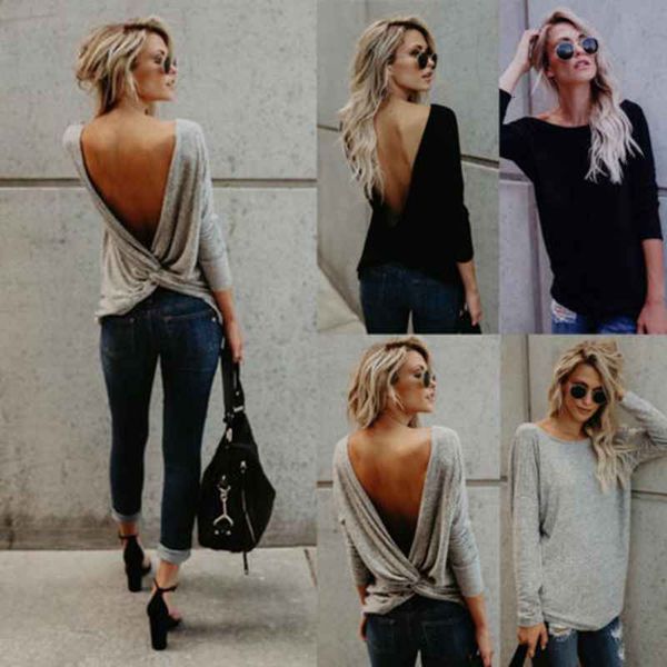 women's t-shirt fashion v open back backless blouse long sleeve loose casual cotton shirt jlr7, White
women's t-shirt fashion v open back backless blouse long sleeve loose casual cotton shirt jlr7, White