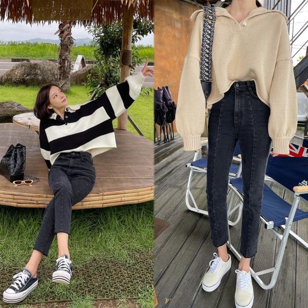 women's sweaters chic south korea retro lapel buckle half wide stripe off the shoulder lazy wind loose sweater thick women, White;black
women's sweaters chic south korea retro lapel buckle half wide stripe off the shoulder lazy wind loose sweater thick women, White;black