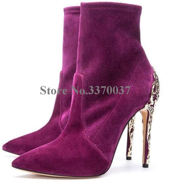 boots fashion women pointed toe suede leather gold metal heel short thin high decorated ankle, Black
boots fashion women pointed toe suede leather gold metal heel short thin high decorated ankle, Black
