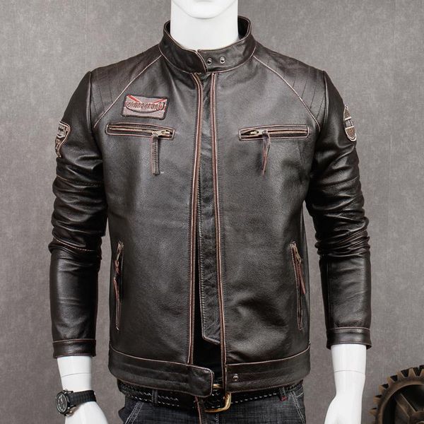 men's leather & faux 2021 vintage brown men slim fit motorcycle jacket plus size xxxxxl genuine cowhide autumn american biker's co, Black
men's leather & faux 2021 vintage brown men slim fit motorcycle jacket plus size xxxxxl genuine cowhide autumn american biker's co, Black