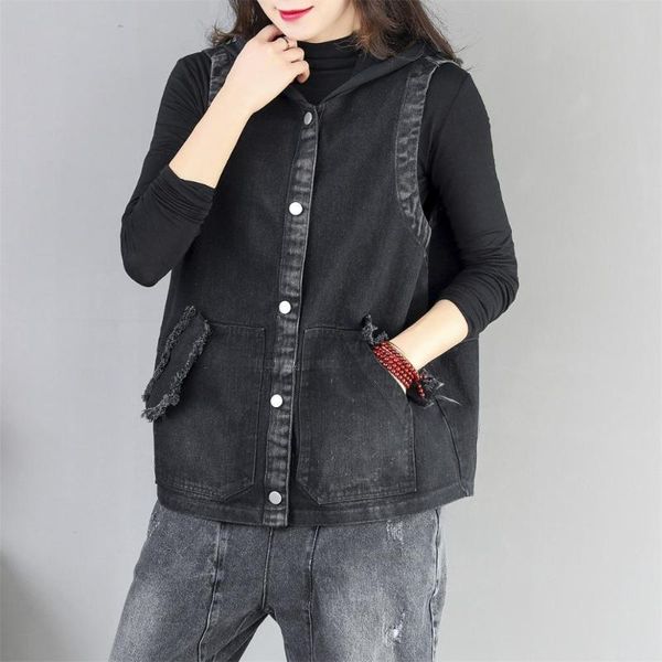women's vests spring 2021 denim hooded embroidered vest single breasted sleeveless pocket fleece small coat, Black;white
women's vests spring 2021 denim hooded embroidered vest single breasted sleeveless pocket fleece small coat, Black;white