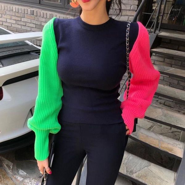 women's sweaters fall winter women fashion knitted puff sleeve patchwork long jumpers slim color matching pullovers, White;black
women's sweaters fall winter women fashion knitted puff sleeve patchwork long jumpers slim color matching pullovers, White;black