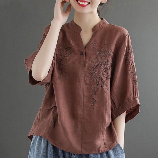 women's blouses & shirts 2021 summer arts style women embroidery design cotton linen blouse casual loose stand collar half sleeve shirt, White
women's blouses & shirts 2021 summer arts style women embroidery design cotton linen blouse casual loose stand collar half sleeve shirt, White