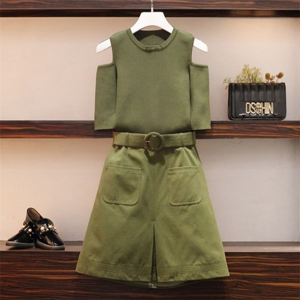 plus size l-4xl women armygreen skirt suits summer off shoulder short soft knitted and belt a-line 2pcs sets 210602, White
plus size l-4xl women armygreen skirt suits summer off shoulder short soft knitted and belt a-line 2pcs sets 210602, White