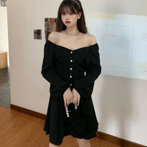 casual dresses retro black dress waist with button women puff sleeve v-neck sheath solid color women's clothes, Black;gray
casual dresses retro black dress waist with button women puff sleeve v-neck sheath solid color women's clothes, Black;gray