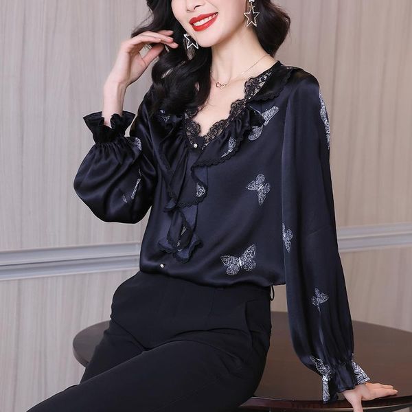 women's blouses & shirts imitation silk shirt 2021 spring style western ruffled v-neck blouse printing temperament, White
women's blouses & shirts imitation silk shirt 2021 spring style western ruffled v-neck blouse printing temperament, White