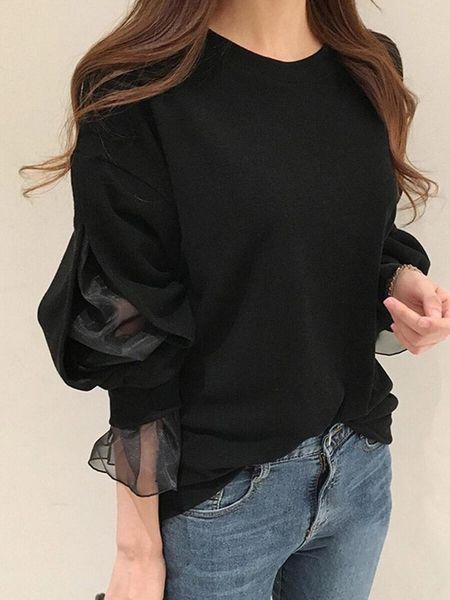 women's t-shirt 2021 korean sheer patchwork black shirt women casual knit lantern sleeve o-neck ladies, White
women's t-shirt 2021 korean sheer patchwork black shirt women casual knit lantern sleeve o-neck ladies, White
