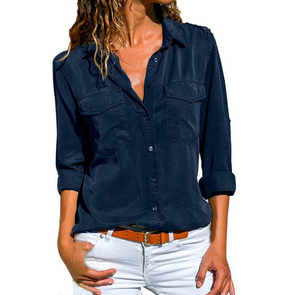 women's blouses & shirts 2021 spring summer casual blouse women and shirt long sleeve button pocket black solid turn-down collar, White
women's blouses & shirts 2021 spring summer casual blouse women and shirt long sleeve button pocket black solid turn-down collar, White