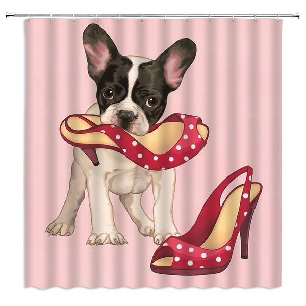 dog shower curtain funny animal red high heels in puppy mouth on pink background,70x70 inch polyester fabric bathroom
dog shower curtain funny animal red high heels in puppy mouth on pink background,70x70 inch polyester fabric bathroom