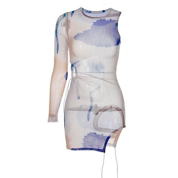 casual dresses summer o-neck see-through side hollow out one-shoulder dress, Black;gray