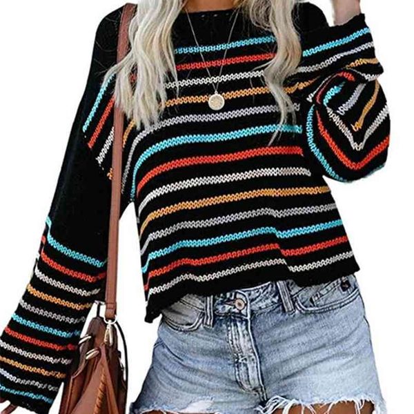 women sweater elegant fashion full length flare sleeve striped printed pullover acrylic loose 210522, White
women sweater elegant fashion full length flare sleeve striped printed pullover acrylic loose 210522, White