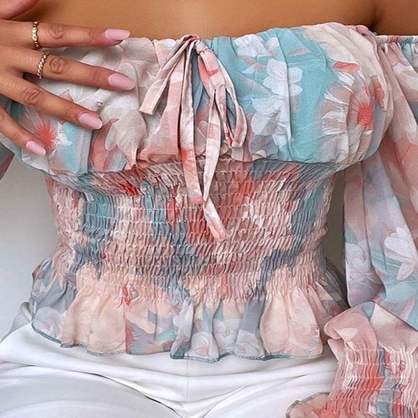 women's blouses & shirts 2021 light blue floral print one-neck casual top, White 
women's blouses & shirts 2021 light blue floral print one-neck casual top, White