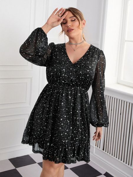 plus galaxy print lantern sleeve dress a8u5#, Black 
plus galaxy print lantern sleeve dress a8u5#, Black